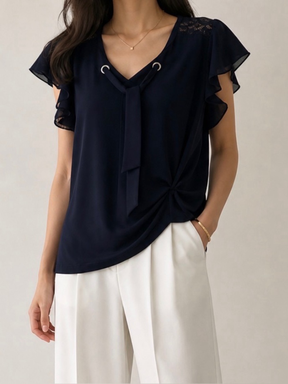 Elegant Navy Ruched Flutter Sleeve Top